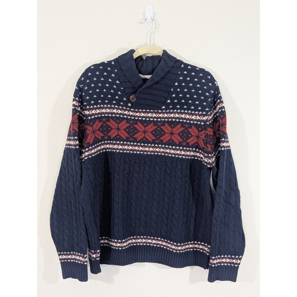 Lands End Men's Lambswool Cable Knit Fair Isle Sweater Navy Shawl Collar Sz XL - Picture 2 of 10